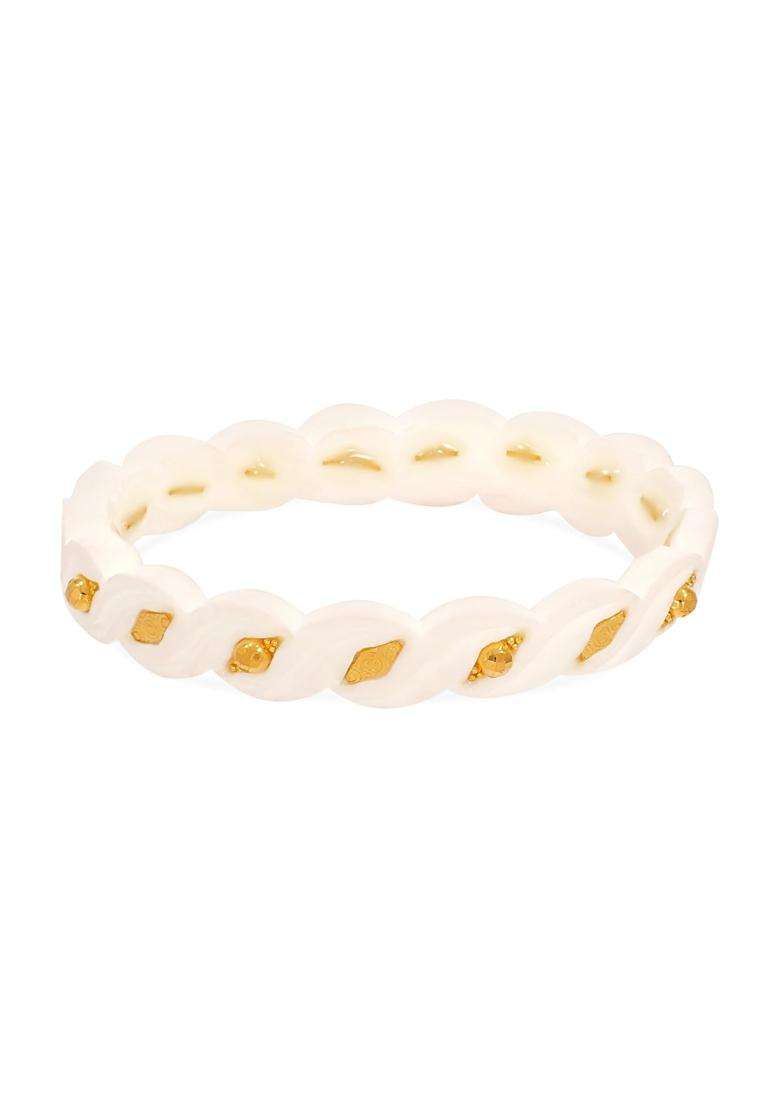 Happycraft Hand Carved White Conch Shell Bangles for Women Gold Design Shakha Bengali Bridal Jewelry Pack of 2 - Indya