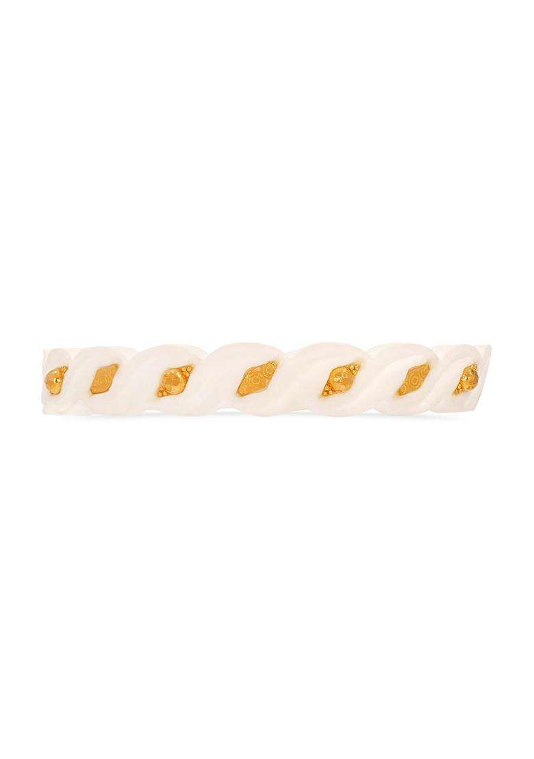 Happycraft Hand Carved White Conch Shell Bangles for Women Gold Design Shakha Bengali Bridal Jewelry Pack of 2 - Indya
