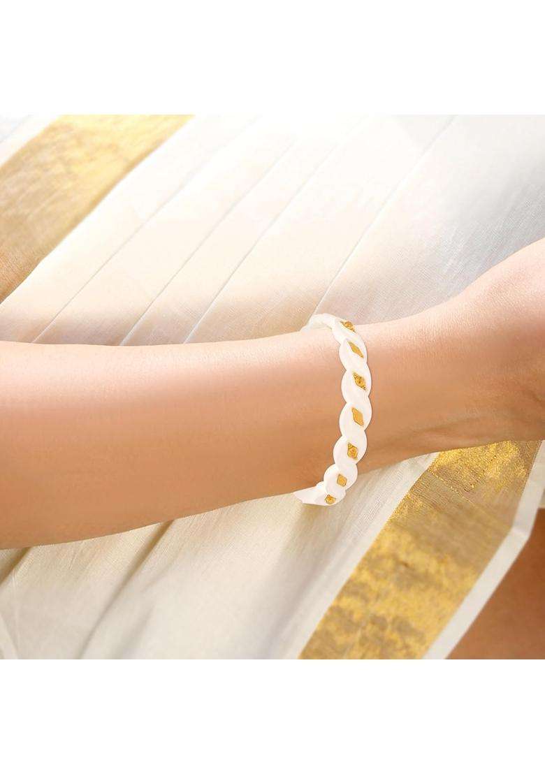 Happycraft Hand Carved White Conch Shell Bangles for Women Gold Design Shakha Bengali Bridal Jewelry Pack of 2 - Indya