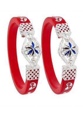 Lakshmi Jewellery 925 Sterling Silver Pola Bangles for Women Hallmarked Red Lac Kada Set of 2