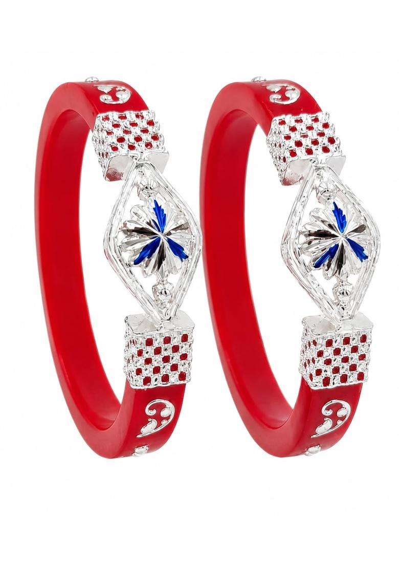 Lakshmi Jewellery 925 Sterling Silver Pola Bangles for Women Hallmarked Red Lac Kada Set of 2 - Indya
