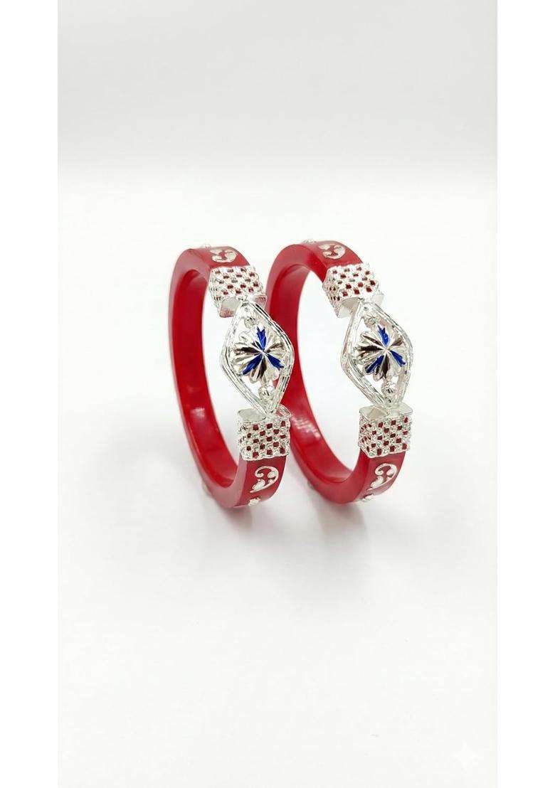 Lakshmi Jewellery 925 Sterling Silver Pola Bangles for Women Hallmarked Red Lac Kada Set of 2 - Indya
