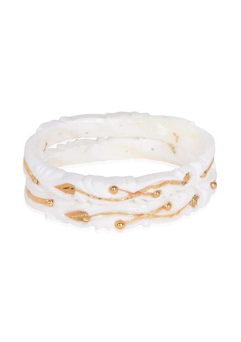 Happycraft Traditional Bengali Wedding Original Sakha Pola White Bangles with City Gold Design Pack of 2 - Indya