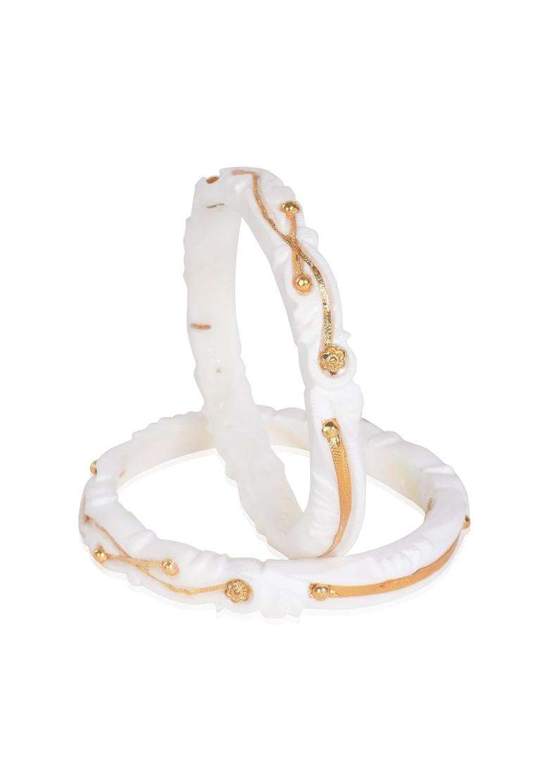 Happycraft Traditional Bengali Wedding Original Sakha Pola White Bangles with City Gold Design Pack of 2 - Indya