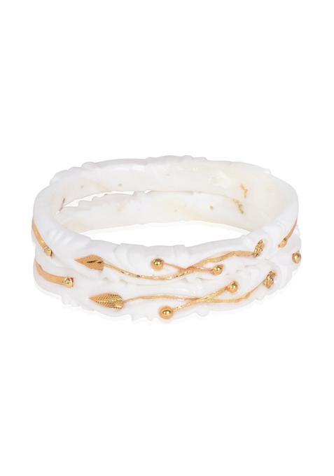 Happycraft Traditional Bengali Wedding Original Sakha Pola White Bangles with City Gold Design Pack of 2