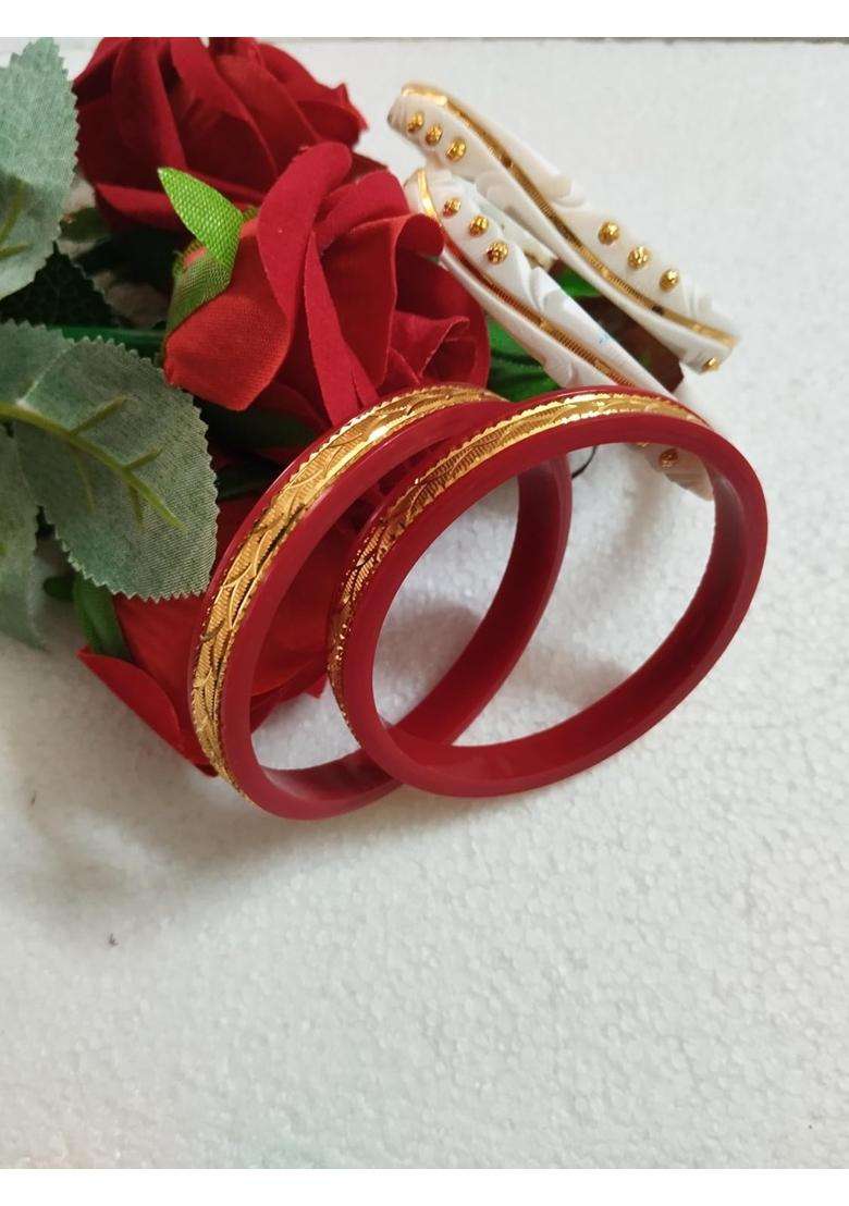 Purabi Gold Plated Sankha Pola Bengali Bridal Bangles Set for Women Traditional Shakha Pola Chura with White - Indya