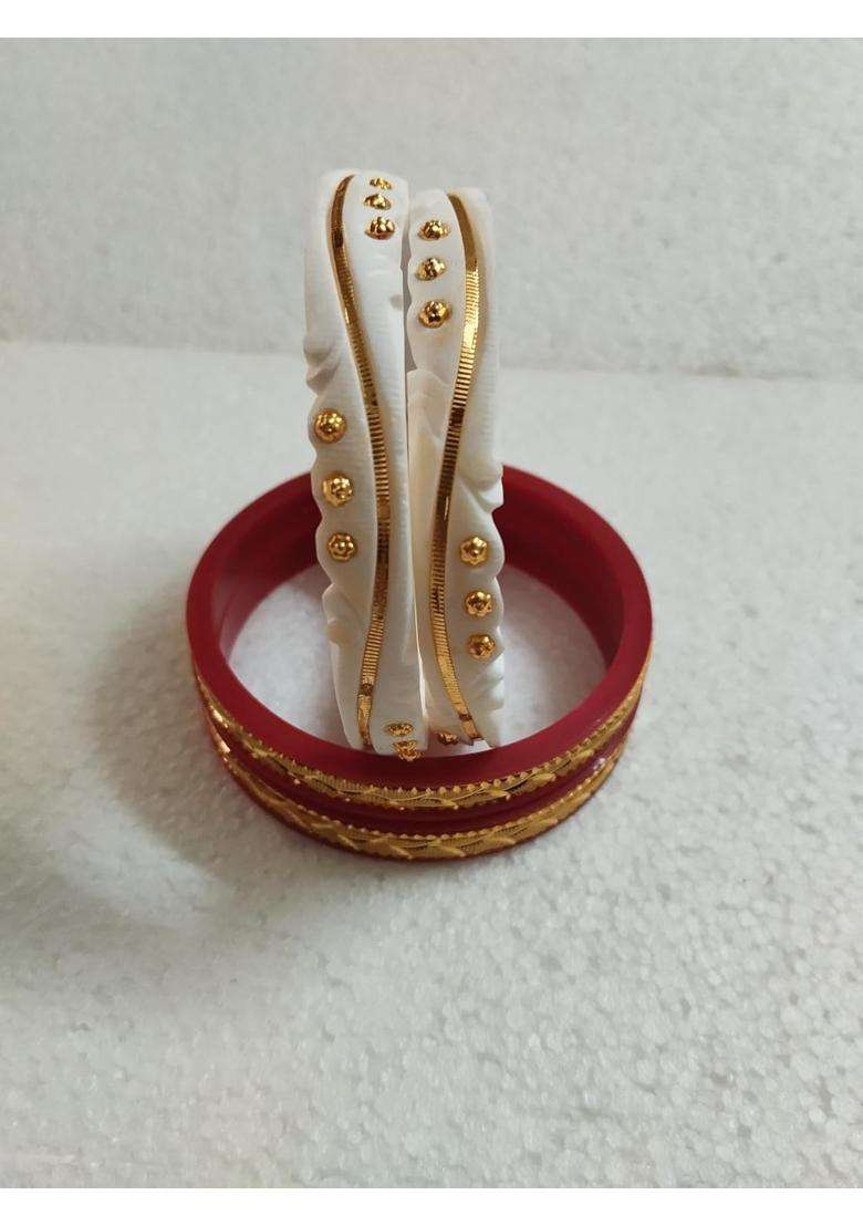 Purabi Gold Plated Sankha Pola Bengali Bridal Bangles Set for Women Traditional Shakha Pola Chura with White - Indya