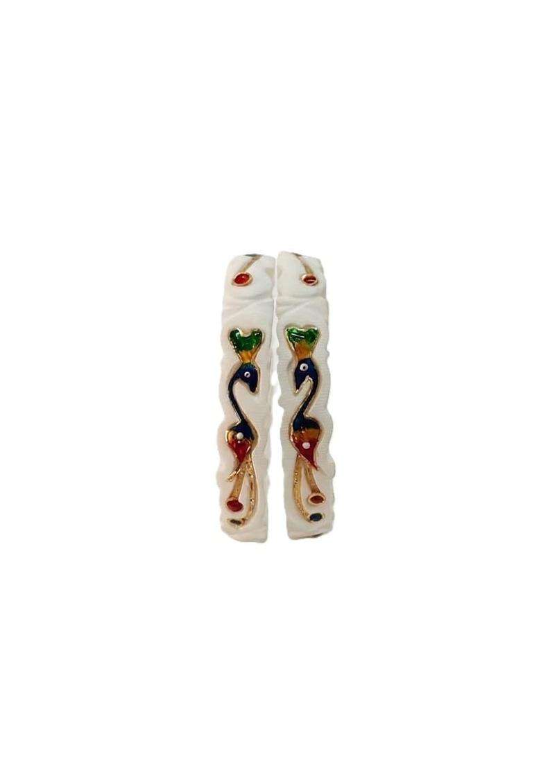 Purabi White Jewels Original Hand Carved Conch Shell Shakha Bangles with Traditional Peacock Set of 2 - Indya