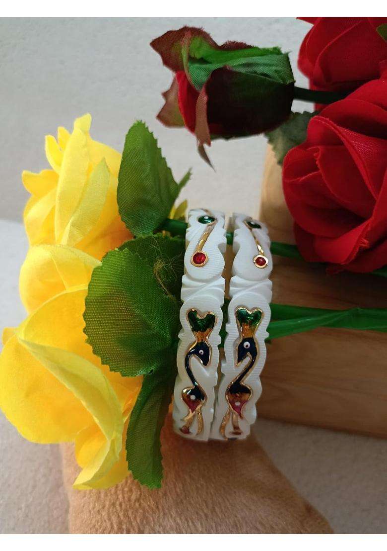 Purabi White Jewels Original Hand Carved Conch Shell Shakha Bangles with Traditional Peacock Set of 2 - Indya