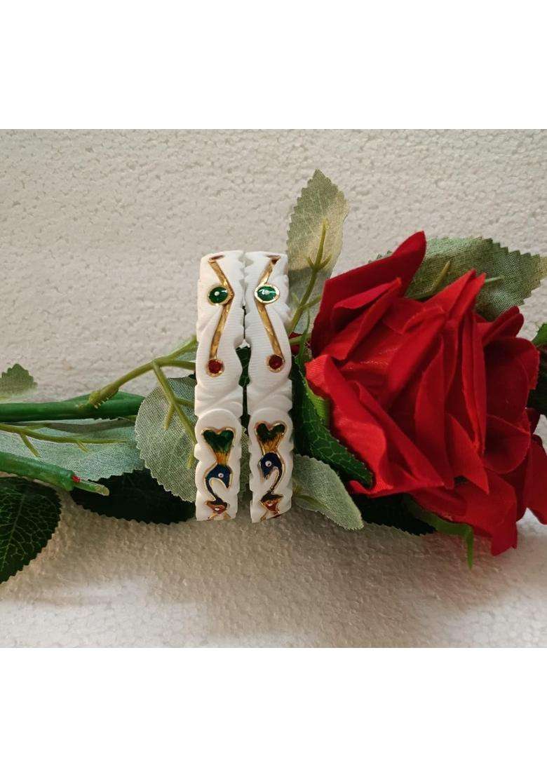 Purabi White Jewels Original Hand Carved Conch Shell Shakha Bangles with Traditional Peacock Set of 2 - Indya