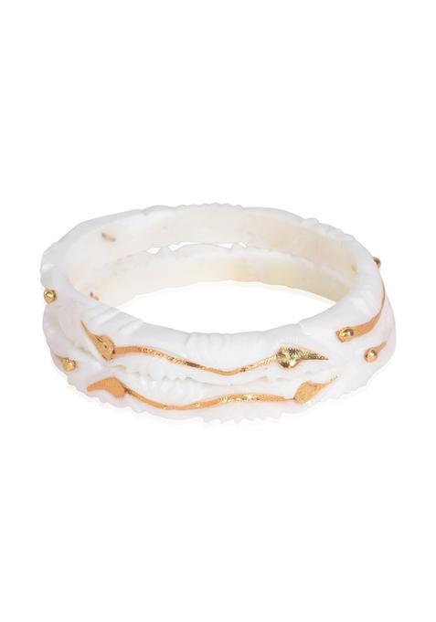 Happycraft Sakha Pola Original White Bangles Traditional Bengali Wedding Jewelry with City Gold Pack of 2