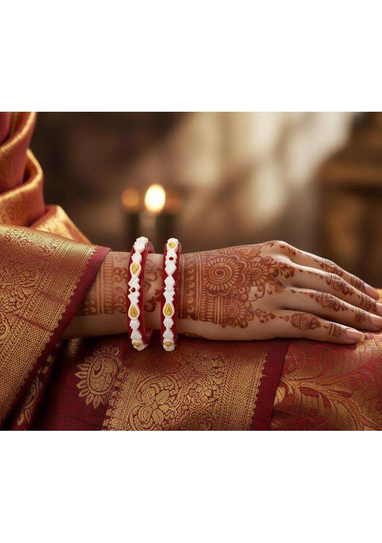 P C Chandra Jewellers 22KT 916 Yellow Gold Synthetic Sankha Pola Bangles for Women 2 Piece Set Size 9 - Indya