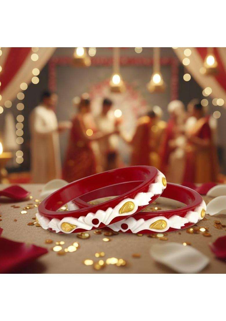 P C Chandra Jewellers 22KT 916 Yellow Gold Synthetic Sankha Pola Bangles for Women 2 Piece Set Size 9 - Indya