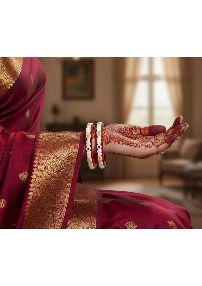 P C Chandra Jewellers 22KT 916 Yellow Gold Synthetic Sankha Pola Bangles for Women 2 Piece Set Size 13 - Indya