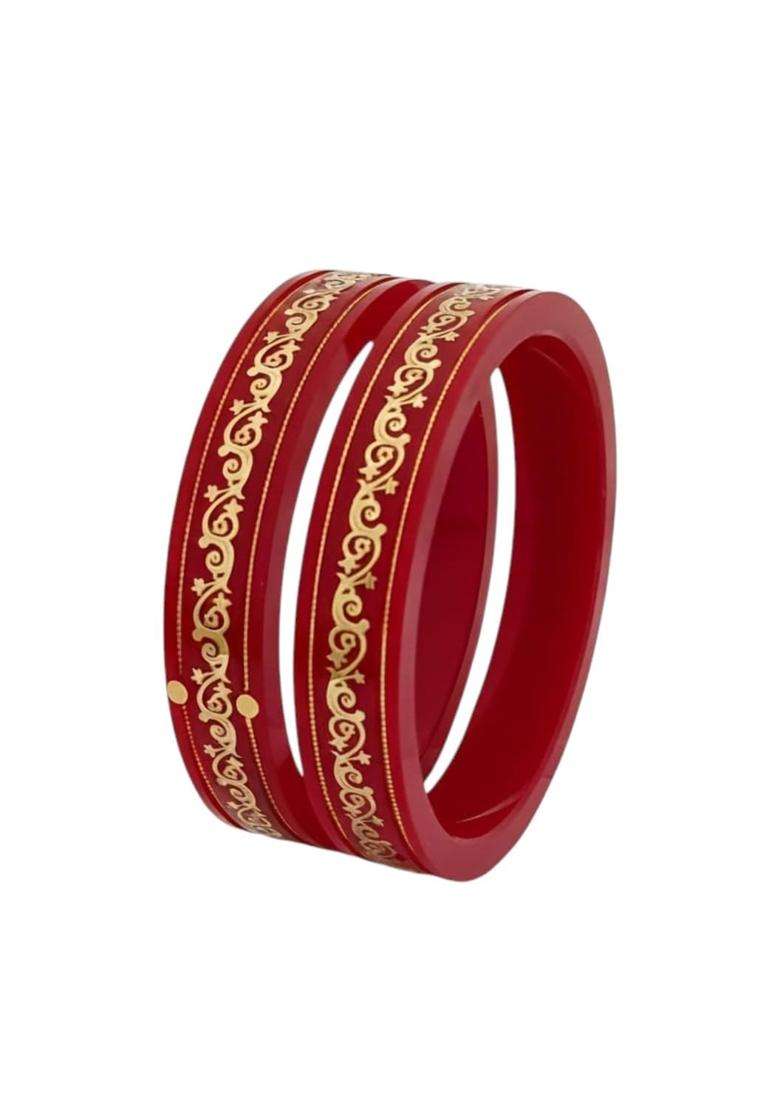 22KT 916 Yellow Gold Handmade Red Pola Bangles Flower Design for Women with Gold Purity Certificate Set of 2 - Indya