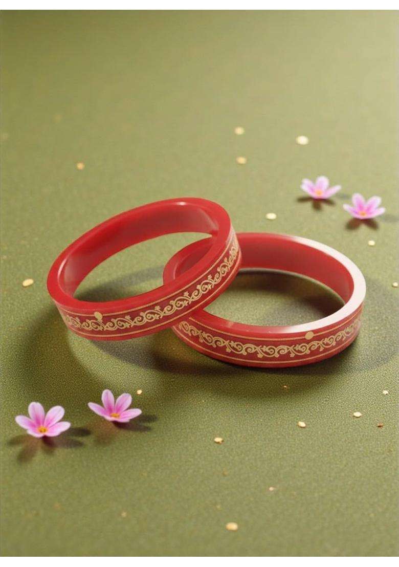 22KT 916 Yellow Gold Handmade Red Pola Bangles Flower Design for Women with Gold Purity Certificate Set of 2 - Indya