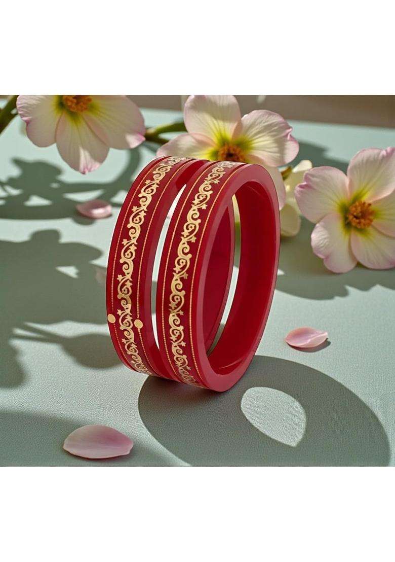 22KT 916 Yellow Gold Handmade Red Pola Bangles Flower Design for Women with Gold Purity Certificate Set of 2 - Indya