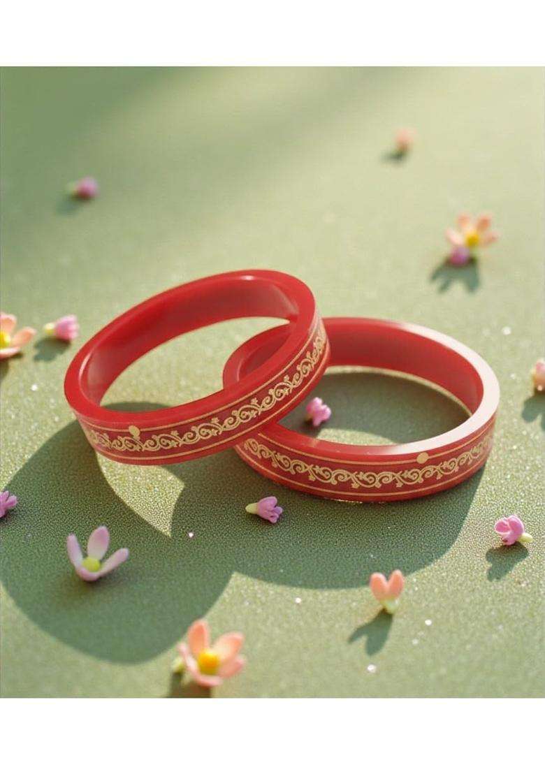 22KT 916 Yellow Gold Handmade Red Pola Bangles Flower Design for Women with Gold Purity Certificate Set of 2 - Indya