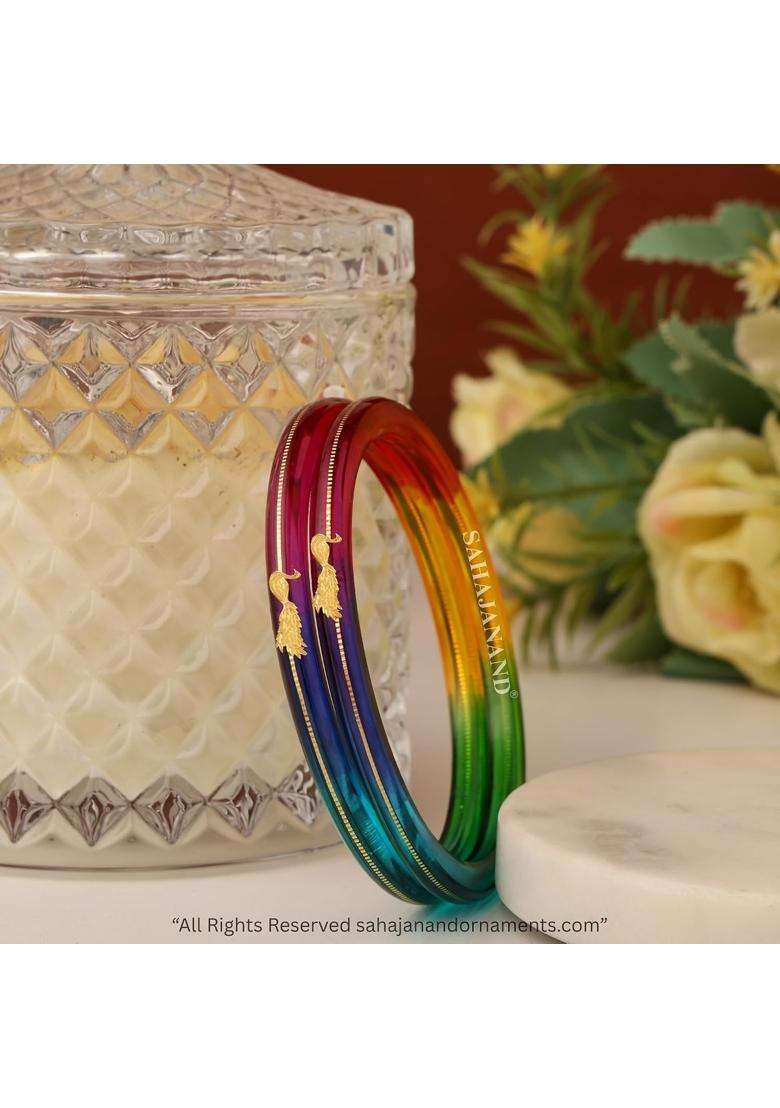 Sahajanand Ornaments 22K 916 Gold Peacock Style Pola Bangles for Women Multicolour Handmade Wedding Chooda - Indya