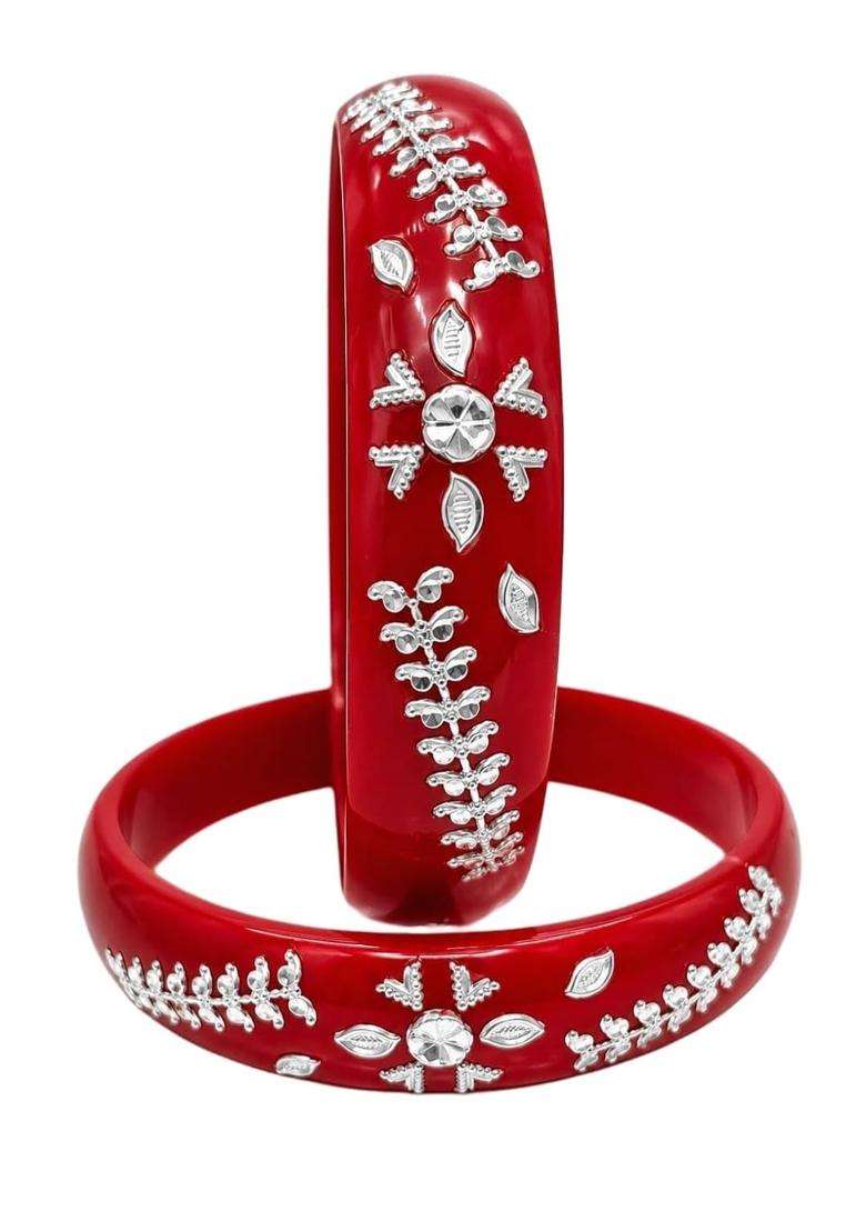 IRA and PEU Premium Silver Floral Pola Bangles for Women Red Traditional Bengali Designer Bangle Set - Indya