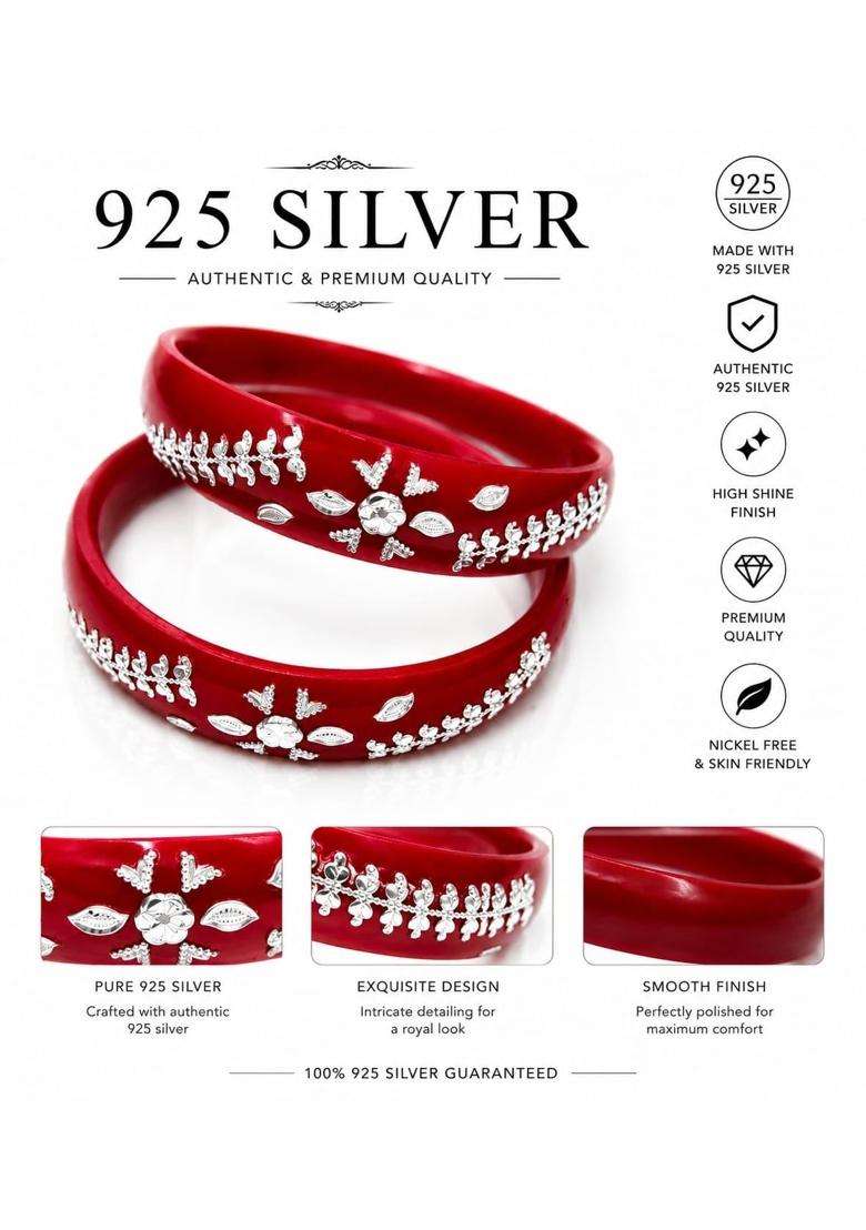 IRA and PEU Premium Silver Floral Pola Bangles for Women Red Traditional Bengali Designer Bangle Set - Indya