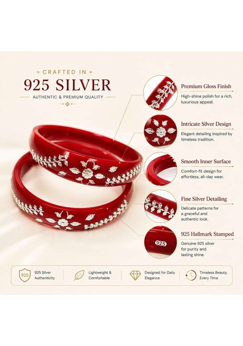 IRA and PEU Premium Silver Floral Pola Bangles for Women Red Traditional Bengali Designer Bangle Set - Indya
