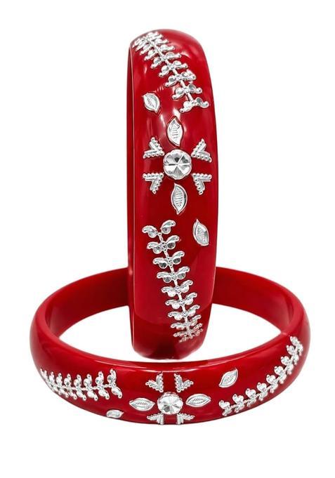 IRA and PEU Premium Silver Floral Pola Bangles for Women Red Traditional Bengali Designer Bangle Set