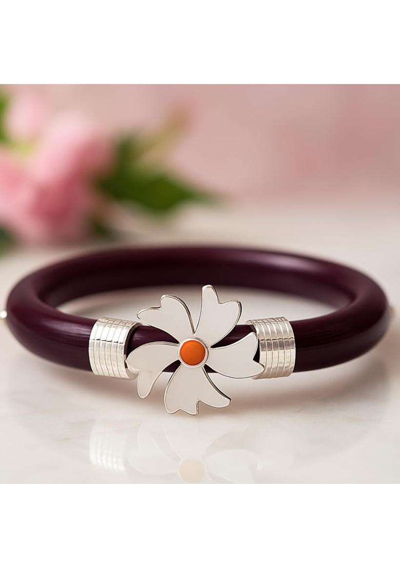 Stylish Red Pola Bangle with Silver Floral Design for Women - Indya