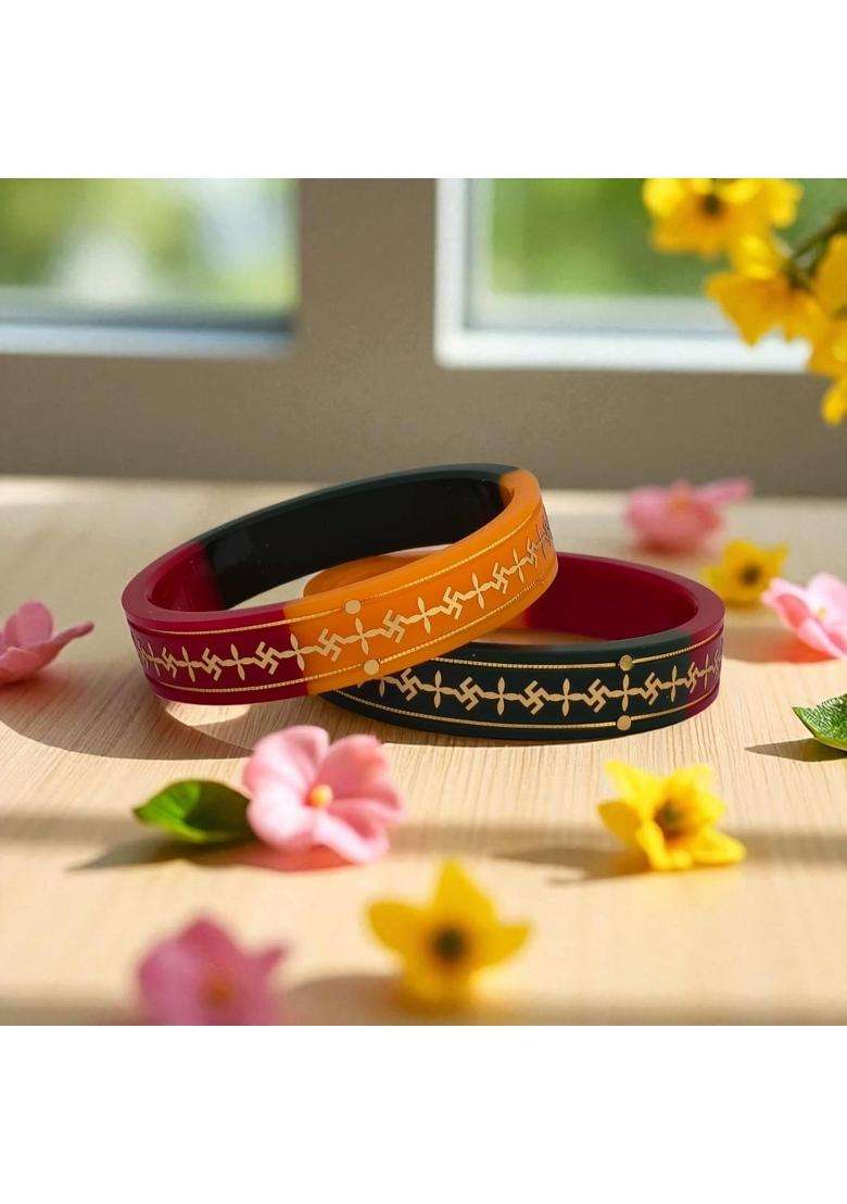 S R Gold Palace 22KT 916 Yellow Gold Handmade Multicolor Pola Bangles Flower Design for Women Set of 2 - Indya