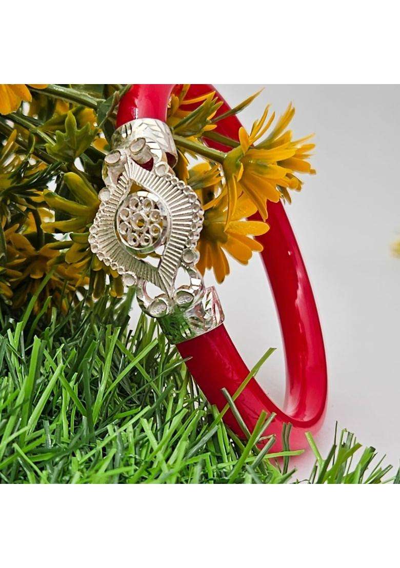 Silver Work Dark Red Pola Bangle Bracelet Elegant Traditional Design for Women Thevelvetbox - Indya