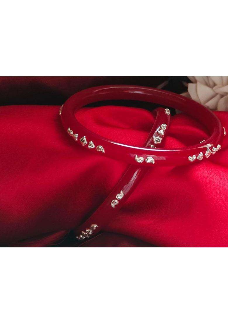 Gahenaz Silver Dark Red Pola Bangle Set Size 2 Point 7 Pack of 2 - Indya