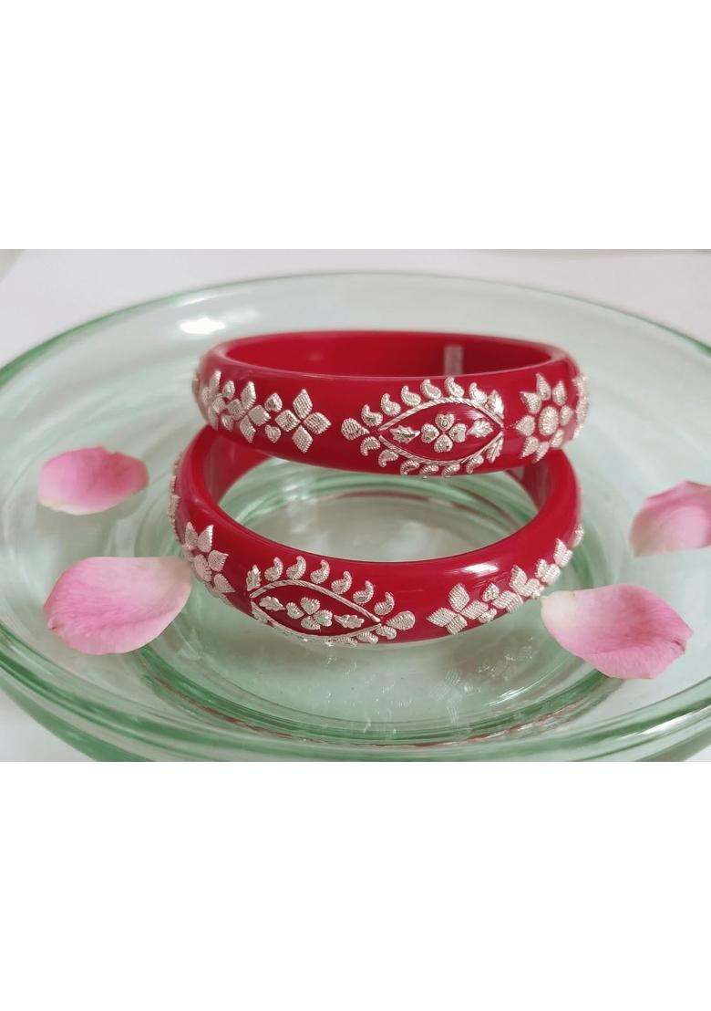 Gahenaz Silver Dark Red Mohini Pola Bangle Set Size 2 Point 4 Pack of 2 - Indya