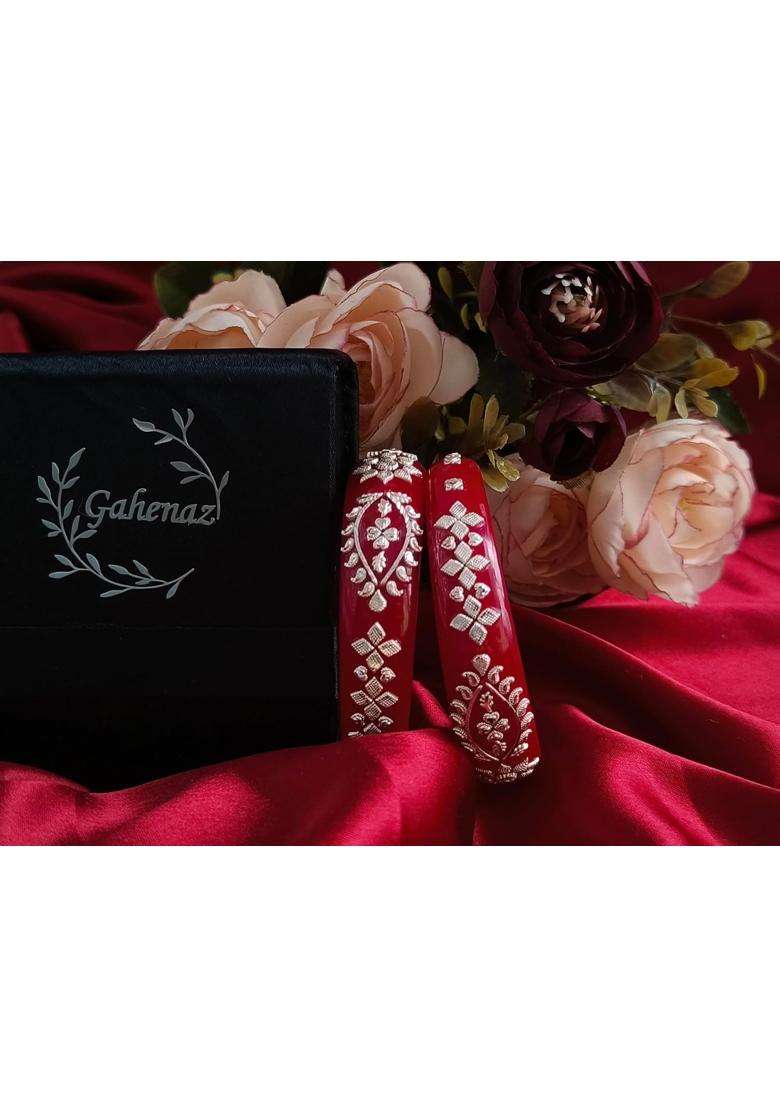 Gahenaz Silver Dark Red Mohini Pola Bangle Set Size 2 Point 4 Pack of 2 - Indya