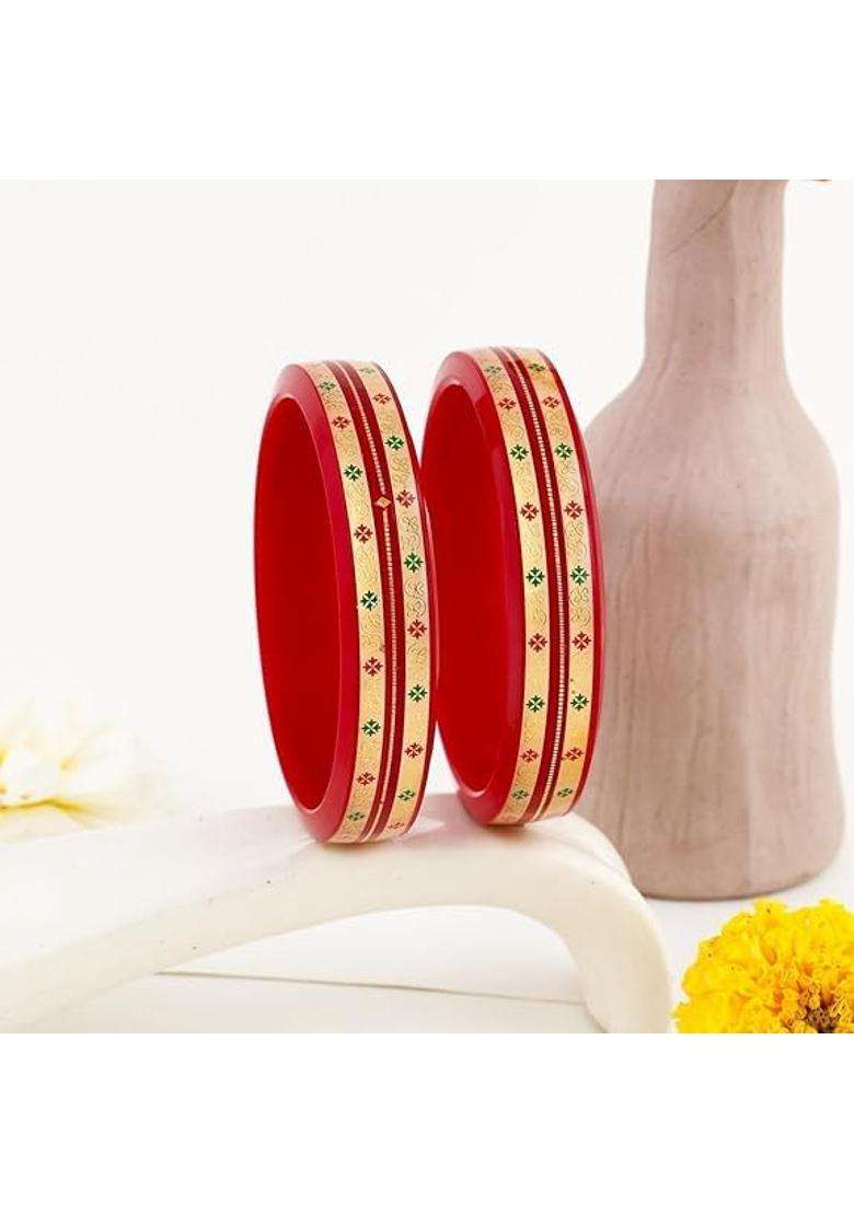 Bapasitaram Jewels Traditional Red Pola Bangles with 22K Gold Colorful Floral Enamel Set of 2 - Indya