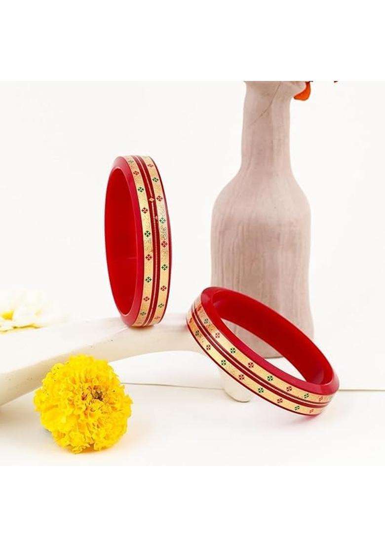 Bapasitaram Jewels Traditional Red Pola Bangles with 22K Gold Colorful Floral Enamel Set of 2 - Indya