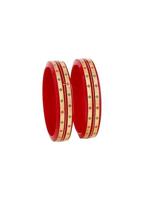 Bapasitaram Jewels Traditional Red Pola Bangles with 22K Gold Colorful Floral Enamel Set of 2
