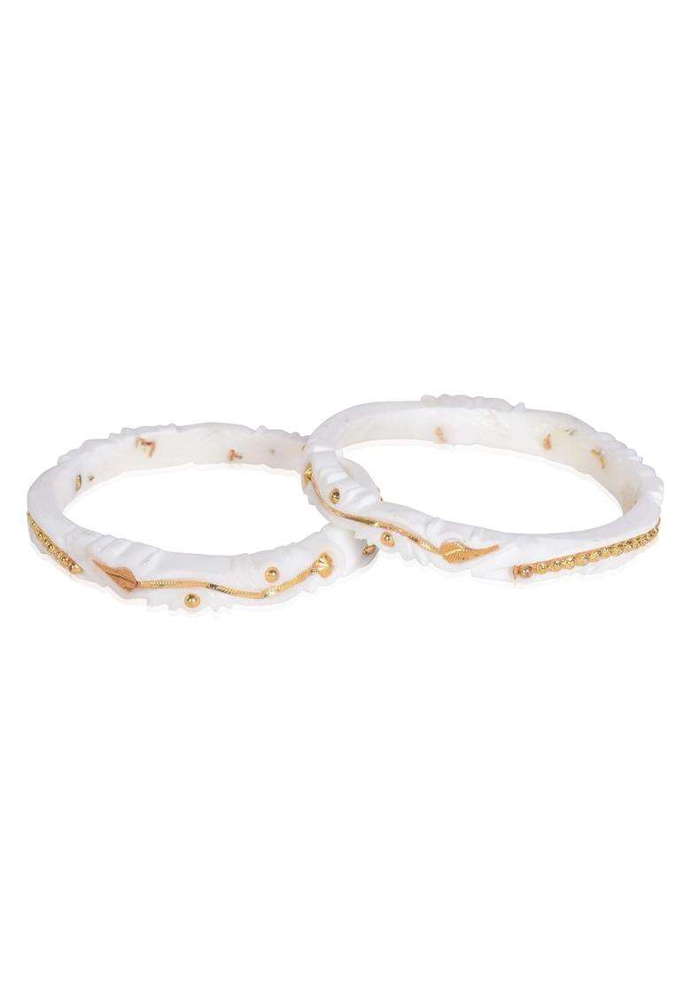 Happycraft Sakha Pola Original Traditional White Bangles with City Gold Accents Pack of 2 - Indya
