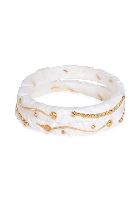 Happycraft Sakha Pola Original Traditional White Bangles with City Gold Accents Pack of 2