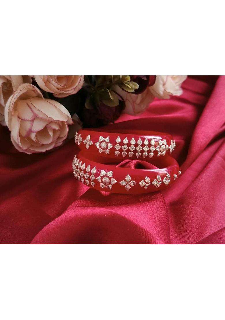 Gahenaz Silver Dark Red Pola Bangle Set Size 2 Point 4 Pack of 2 - Indya