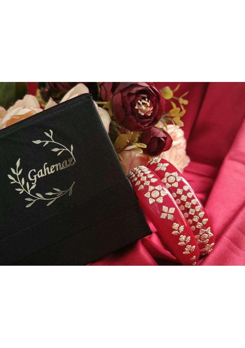 Gahenaz Silver Dark Red Pola Bangle Set Size 2 Point 4 Pack of 2 - Indya
