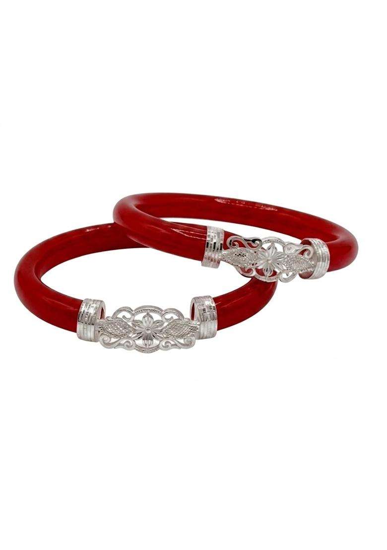 Red Pola Bangles with Silver Floral Detail - Indya