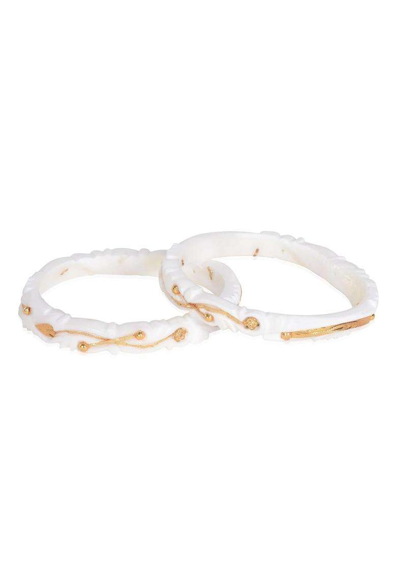 Happycraft Traditional Bengali Wedding Original Sakha Pola White Bangles with City Gold Design Pack of 2 - Indya