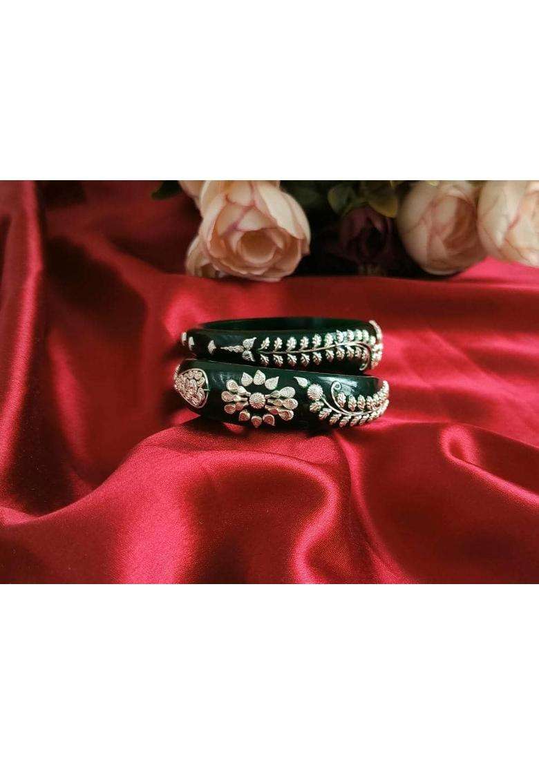 Gahenaz Silver Dark Green Pola Bangle Set Size 2 Point 2 Pack of 2 - Indya