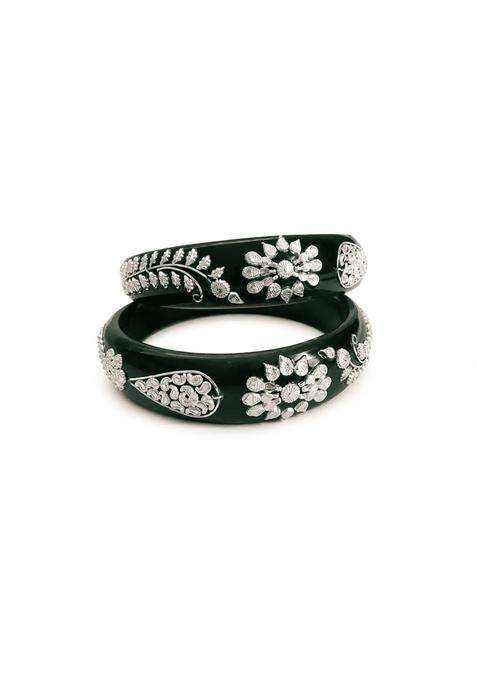 Gahenaz Silver Dark Green Pola Bangle Set Size 2 Point 2 Pack of 2