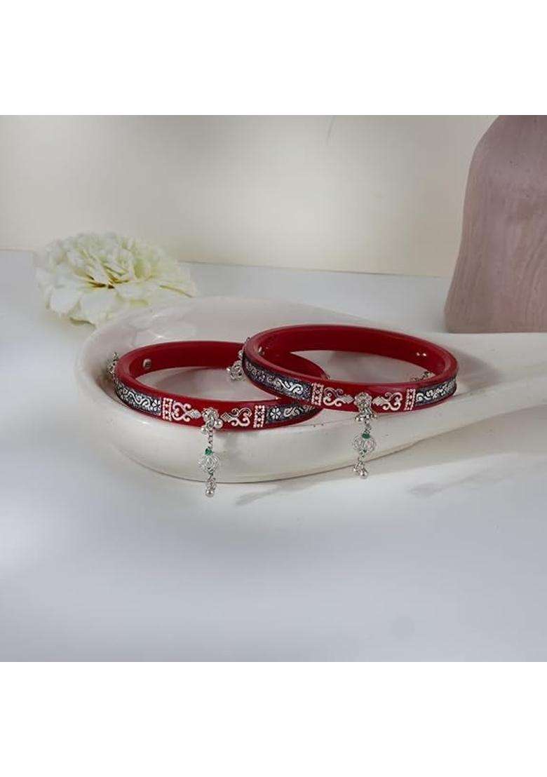 Bapasitaram Jewels 925 Sterling Silver Red Pola Bangles with Oxidized Floral Inlay and Green Bead Hanging - Indya