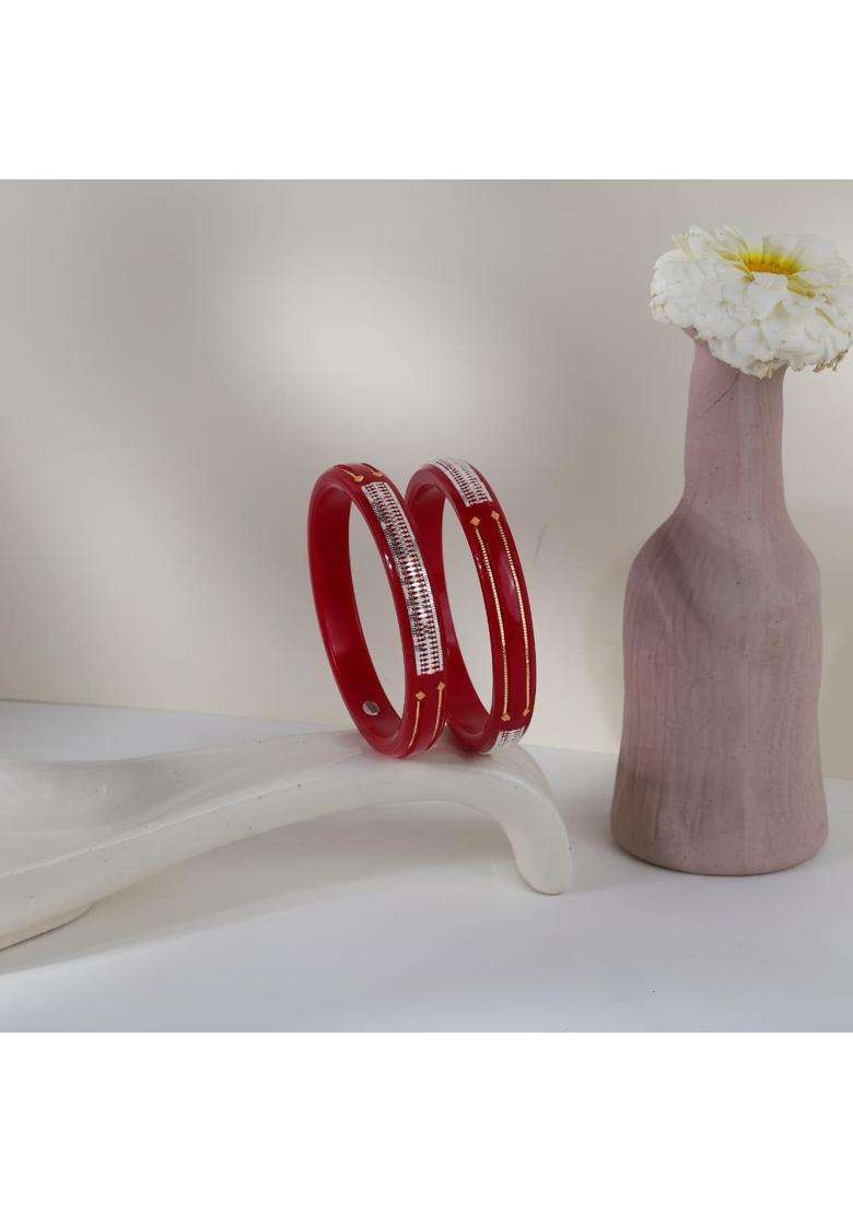BAPA Sitaram Gold Bapasitaram Jewels 925 Sterling Silver and 22K Gold Plated Red Pola Bangles Set of 2 - Indya