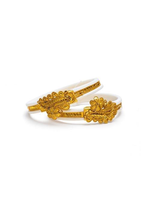 Original White Sakha Gold Plated Traditional Floral Design Bangles for Women Pack of 2