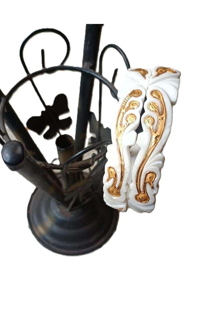 Purabi Jewels Original Hand Carved Conch Shell Shakha Bangles with Traditional Peacock Work Set of 2 - Indya