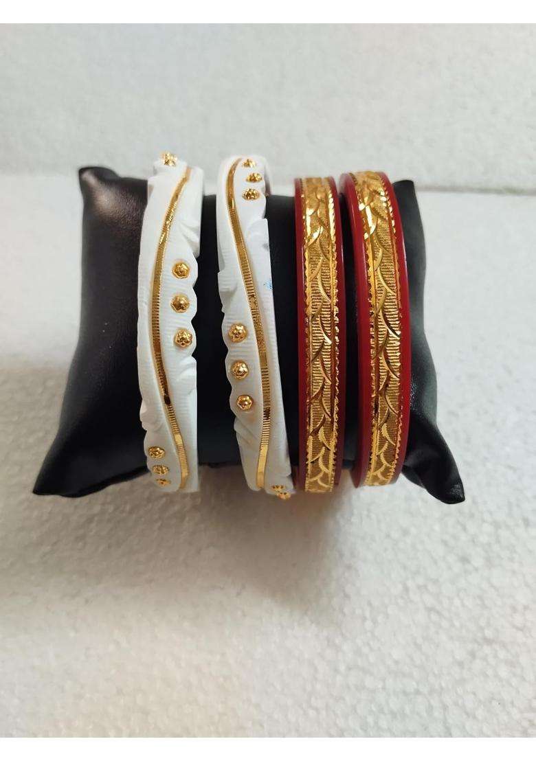 Purabi Gold Plated Sankha Pola Bengali Bridal Bangles Set for Women Traditional Shakha Pola Chura with White - Indya