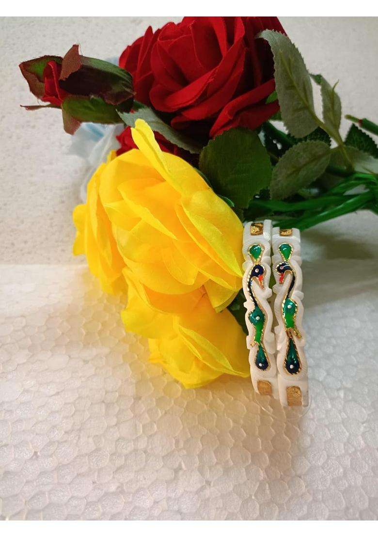Purabi Original Hand Carved Conch Shell Shakha Bangles with Green Peacock - Indya